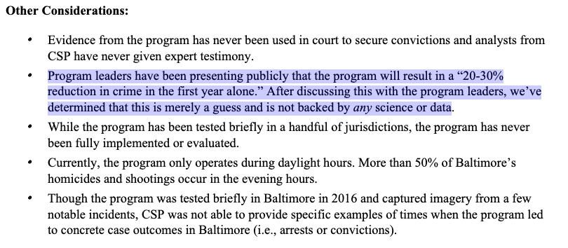 Baltimore Mayor's Office notes on from a briefing with highlighted text showing that the program leader's assertion is a guess and not backed by science or data