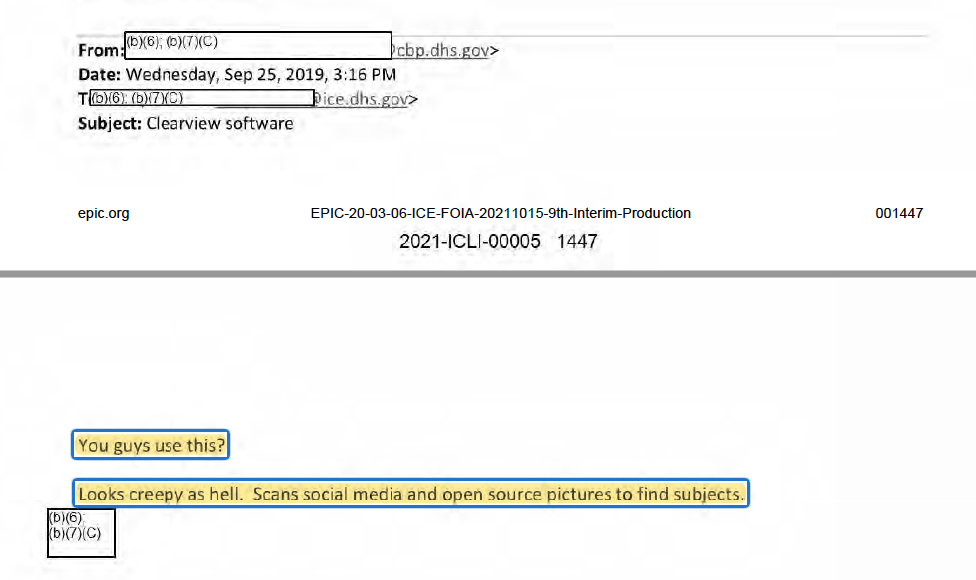 CBP email to ICE asking if the agency uses Clearview AI and calling the technology "creepy"