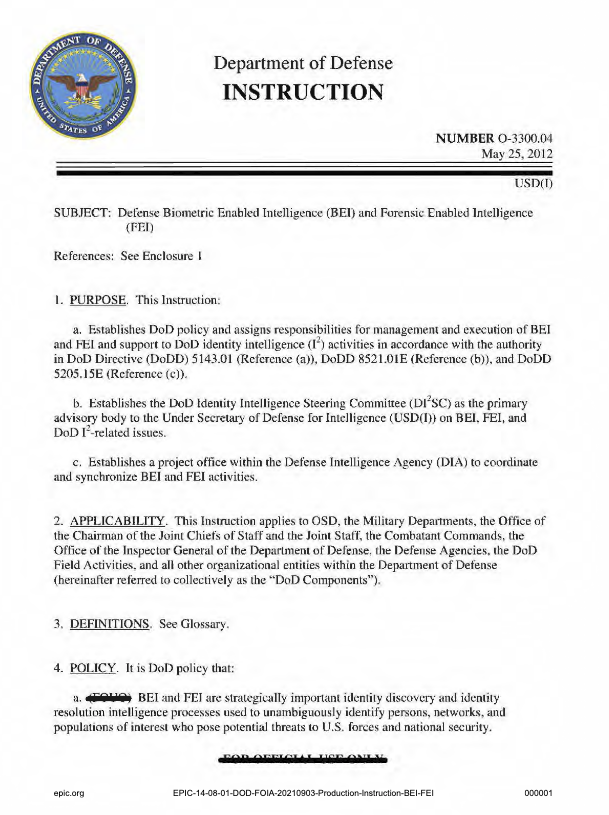 First page of DOD instructions about Defense Biometric Enabled Intelligence (BEI) and Forensic Enabled Intelligence (FEI)
