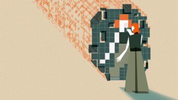 Woman interacting with digitized AI version of Herself